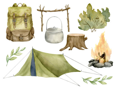 Camping watercolor set. Hand drawn illustration of hiking tent and campfire on white isolated background. Drawing of backpack and travel pot. Traditional equipment for Campsite in forest for clipart.の写真素材