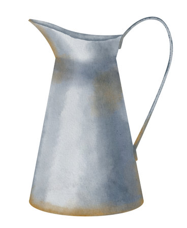 Metal rustic Jug. Hand drawn watercolor illustration of retro Jar for flowers or liquid on white isolated background. Drawing of vintage pitcher for icon or logo. Sketch of kitchenware for clipart.の写真素材
