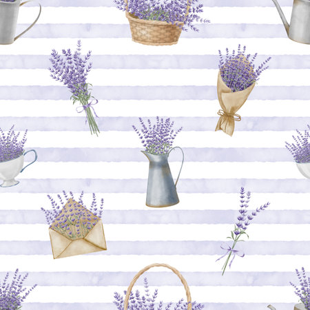 Lavender seamless Pattern with floral Provence bouquets. Hand drawn watercolor illustration of vintage ornament on a striped background for wrapping paper or textile design. Botanical backdrop.の写真素材