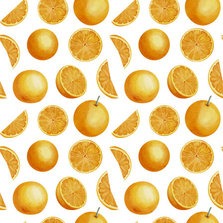 Orange Fruit Seamless Pattern. Hand drawn print with Slices of citrus food on white isolated background. Illustration of ornament with tangerine Circles for wrapping paper. Mandarin for juice label.の写真素材