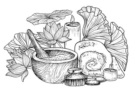 Body care Spa cosmetic with mortar and towel. Hand drawn vector linear illustration with toiletries and lotus flowers in black and white colors. Skincare products for massage salon icon or logo.のイラスト素材