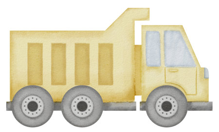 Dump Truck Watercolor illustration. Hand drawn clip art of baby toy yellow Lorry on isolated background. Drawing of tipper car for a boys game. Sketch of a waggon machine for construction.の写真素材
