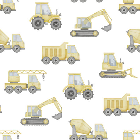Truck seamless Pattern Watercolor illustration. Hand drawn cars on isolated background. Baby boy toy drawing. Sketch of construction transport for clothing and fabrics for children.の写真素材