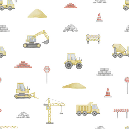 Truck seamless Pattern Watercolor illustration. Hand drawn Cars and road signs on isolated background. Sketch of construction machine for clothing and fabrics for Baby boy.の写真素材