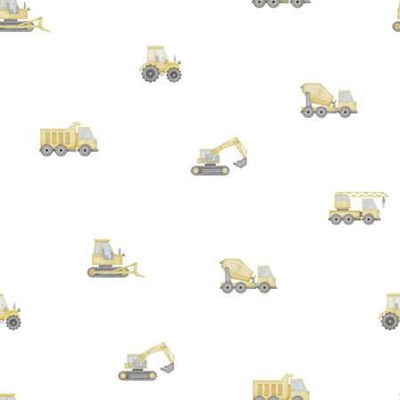 Truck seamless Pattern Watercolor illustration. Hand drawn cars on isolated background. Baby boy toy drawing. Sketch of construction transport for clothing and fabrics for children.の写真素材