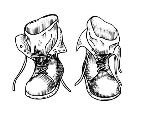 Vintage Boots for hiking vector illustration. Hand drawn linear drawing of retro leather travel shoes for tourism and camping. Sketch of military footwear for journey and exploration. Monochrome art.のイラスト素材