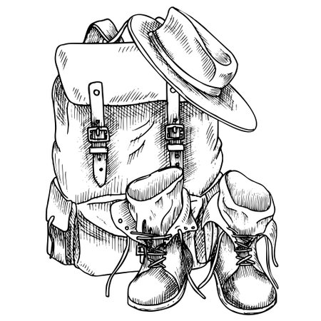 Vintage Backpack with Hat and leathery old retro Boots. Hand drawn vector illustration of travel equipment for adventure and tourism. Drawing of bag for hiking painted by black inks in linear style.のイラスト素材