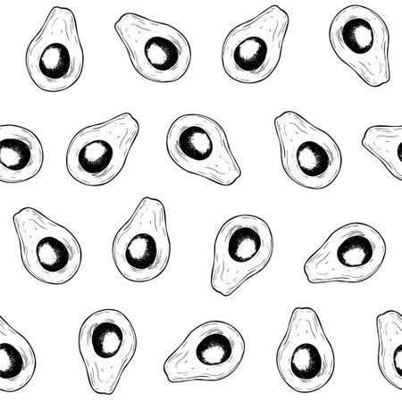 Avocado seamless Pattern. Vector background of food. Hand drawn isolated illustration in line art style. Botanical painting of Fruit or Vegetable. Drawing of ornament for fabrics and kitchen textiles.のイラスト素材