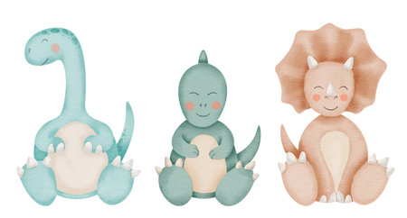 Dinosaurs Set Watercolor clipart. Cute dino illustration. Hand drawn on isolated background. Cartoon animal character painting. For baby shower invitation. Tyrannosaurus, diplodocus and triceratops.の写真素材