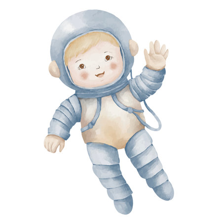 Baby Cosmonaut flying in a Space. Watercolor illustration of Astronaut in pastel colors for childish greeting cards or birthday invitations. Funny Kid spaceman on isolated background. Cute drawing.のイラスト素材