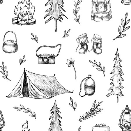 Camping seamless Pattern. Vector hiking illustration on isolated background. Linear print with traveling tent, campfire and trees. Map of landscape for journey. Drawing for wrapping paper.のイラスト素材