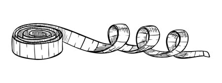 Tape Measure. Vector illustration of centimeter on isolated background. Linear drawing of equipment for tailor painted by black inks. Sketch fitness ruler for Measuring parameter. Figure control meterのイラスト素材