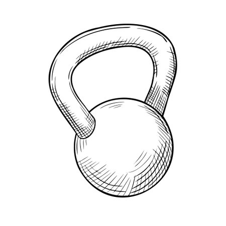 Kettlebell vector illustration. Outline drawing of dumbbell painted by black inks. Drawing of Fitness equipment in linear style. Engraving of round weight for physical power training. Etching for iconのイラスト素材