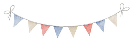 Bunting Flag. Watercolor illustration of triangular garland in pastel blue, red and yellow colors. Drawing of pennants for Baby shower party greeting cards or party invitation cards. Cute hanging.の写真素材