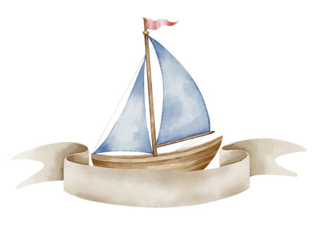 Sailboat watercolor illustration with ribbon for text. Template with sailing ship in pastel colors for Baby shower design or childish invitations. Sketch of little Boat for kids design.の写真素材