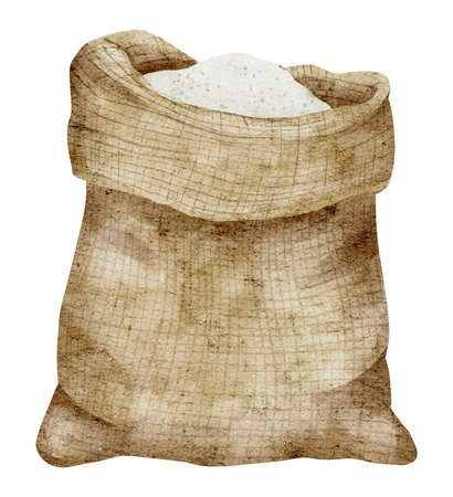 Sack of Flour watercolor illustration. Drawing of burlap bag whole of cereal grain on isolated background on isolated background. Ingredient for pastry and bakery. Sketch for product label.の写真素材