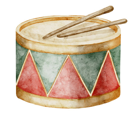 Watercolor illustration of a classic Drum with Drumsticks on isolated background for Music themed designs. Drawing of retro Baby Toy. Vintage musical instrument for greeting cards or invitations.の写真素材