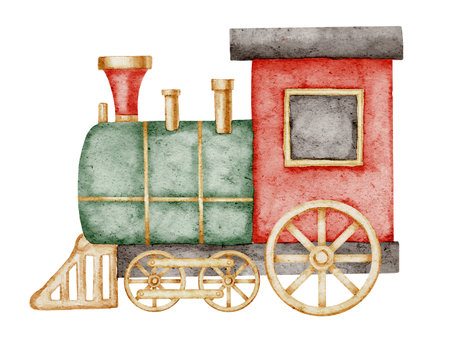 Watercolor illustration of vintage steam Train. Drawing of retro Baby Toy for Children greeting cards or holiday invitations. Hand Drawn Locomotive in red and green on isolated background.の写真素材