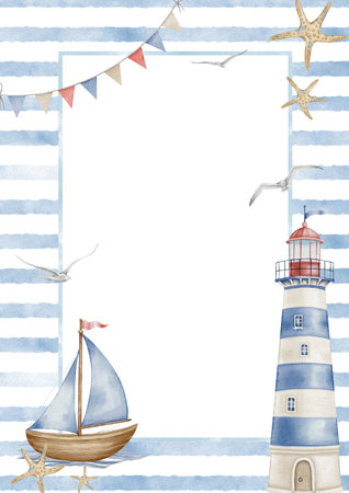 Watercolor Template with Lighthouse and ship for Baby greeting cards or childish invitations. Drawing of Frame with sailboat and beacon in pastel blue and beige colors. Nautical illustration.の写真素材