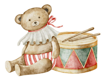 Teddy bear and vintage drum watercolor illustration. Drawing of retro baby Toys for childish greeting cards or kids invitations. Music instrument and plush character nursery wall arts or poster.の写真素材