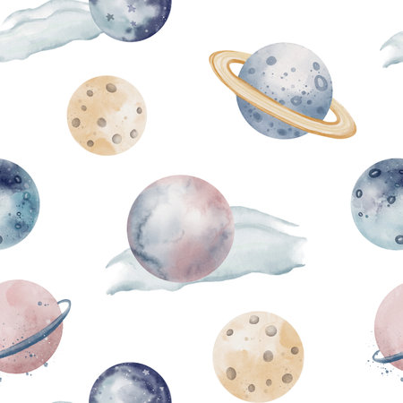 Watercolor planet pattern in pastel blue and pink colors. Hand drawn illustration of Space ornament on isolated background for Baby textile design or nursery wallpaper. Childish print with cosmos.の写真素材