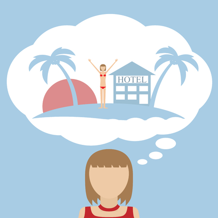Woman dream about vacation. Tropical island. Vector illustration.のイラスト素材