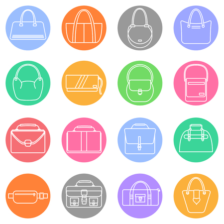 Bag, purse, handbag and suitcase simple colorful icons set. Accessory symbols set. Vector illustration.のイラスト素材