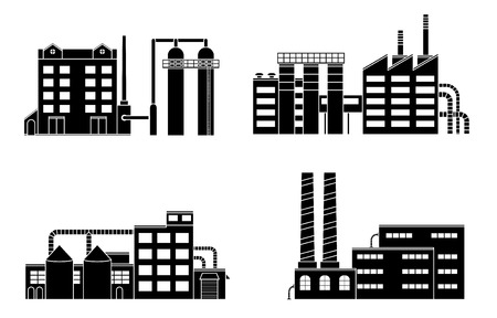 Factory set isolated on white background. Factory icon in the flat style. Industrial factory building. Factory concept. Manufacturing power factory building. Decorative factory icon. Vector illustration.のイラスト素材