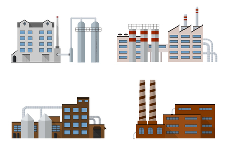 Factory set isolated on white background. Factory icon in the flat style. Industrial factory building. Factory concept. Manufacturing power factory building. Decorative factory icon. Vector illustration.のイラスト素材