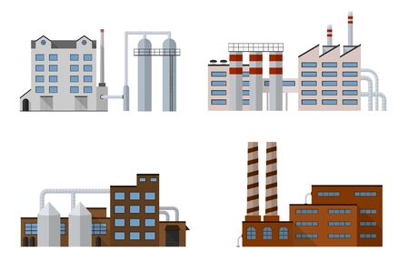 Factory set isolated on white background. Factory icon in the flat style. Industrial factory building. Factory concept. Manufacturing power factory building. Decorative factory icon. Vector illustration.のイラスト素材