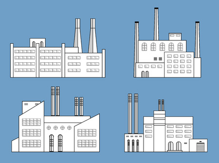 Factory set isolated on blue background. Factory icon in the flat style. Industrial factory building. Manufacturing power factory building. Decorative factory icon. Factory concept. Vector illustration.のイラスト素材