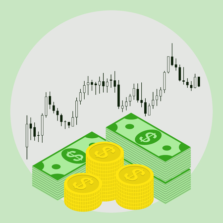 Pack of paper and coin money dollars on forex stock chart background. Concept of money growth. Stock trading. Vector illustration.のイラスト素材