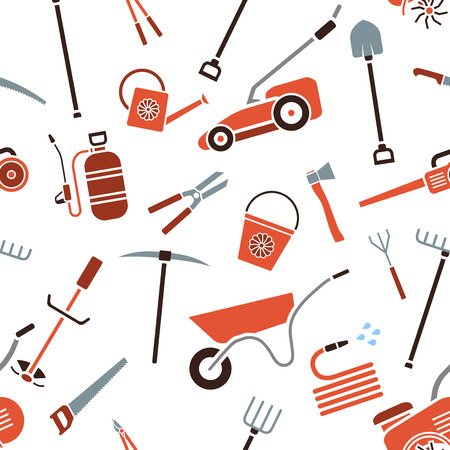 Seamless pattern of garden tools. Background of garden tool icons. Gardening equipment. Agriculture tools. Vector illustration.のイラスト素材