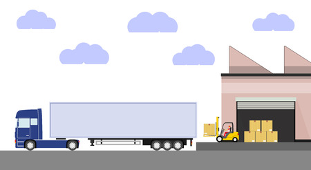 Truck and forklift loader near factory. Cargo loading. Industry product loading into truck. Logistics concept. Vector illustration.のイラスト素材