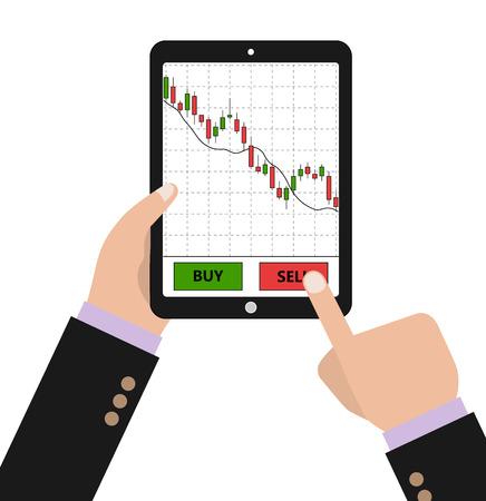 Hand holding tablet with forex stock chart. Stock trade application on tablet. Digital device with forex diagram. Vector illustration.のイラスト素材