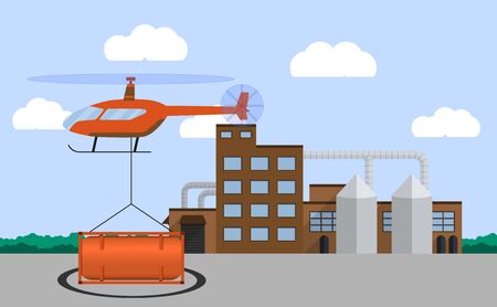 Helicopter carrying container. Air cargo transportation. Air transport cargo delivery concept. Flat style. Vector illustration.のイラスト素材