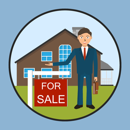 Man realtor shows a house for sale. Buy apartment. Sale housing, Real estate broker, cottage for sale.のイラスト素材
