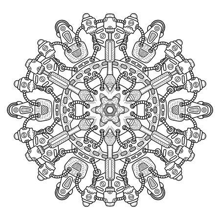 Steampunk round ornament. Retro industry steampunk circle pattern. Round technical elements mandala. Vector illustration.のイラスト素材