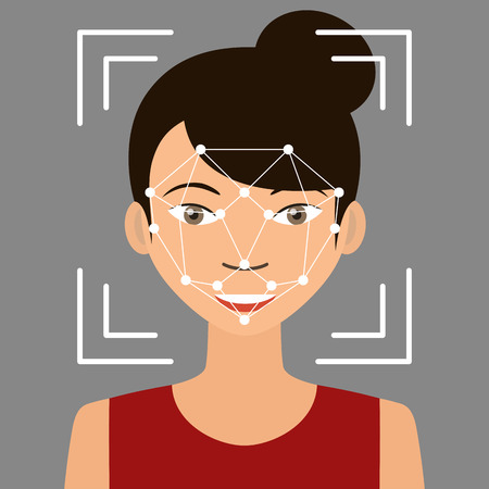 Biometrical identification. Facial recognition system concept. Asian woman. Vector illustrationのイラスト素材