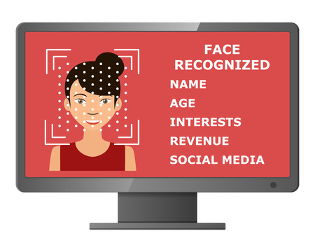 Biometrical identification. Facial recognition system concept. Face recognition program on monitor. Asian woman. Vector illustrationのイラスト素材