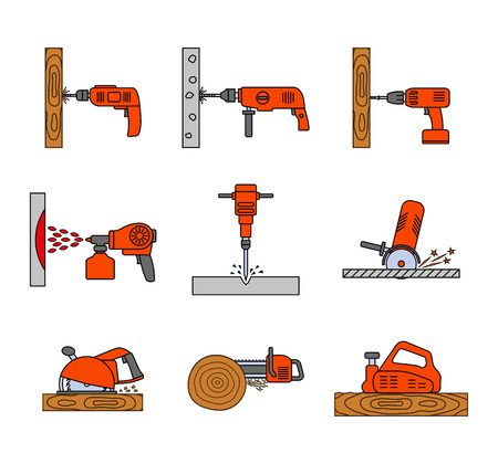 Set of flat colorful repair tool icons. Home repair tools pictogram. Worker tools. Electric tools. Tools sign. Vector illustration.のイラスト素材