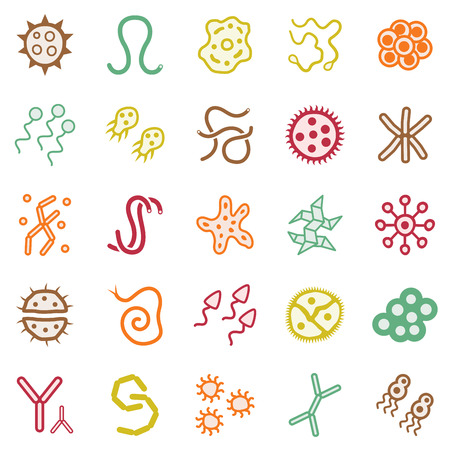 Set of bacteria virus and germ icons. Icons of harmful bacteria, fungus, microbe and other vermin. Vector illustration.のイラスト素材