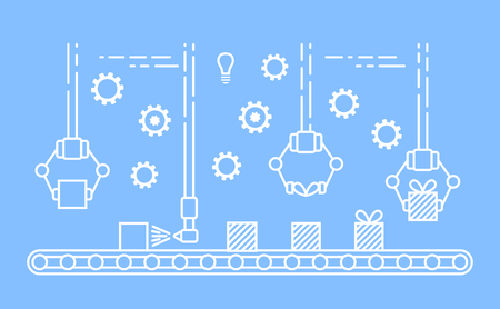 Thin line style assembly line. Automatic production conveyor. Robotic industry concept. Vector illustration.のイラスト素材