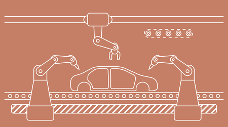 Thin line style car assembly line. Automatic auto production conveyor. Robotic car industry concept. Vector illustration.のイラスト素材