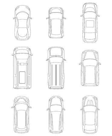 Set of cars top view for transportation theme. Includes sedan, van, wagon, hatchback, sportcar. Vector illustrationのイラスト素材