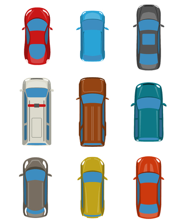 Set of cars top view for transportation theme. Includes sedan, van, wagon, hatchback, sportcar. Vector illustrationのイラスト素材