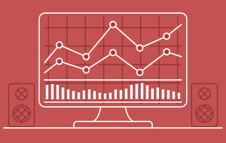 Computer monitor with chart of forex or stock data graphic in thin line style. Set of various indicators for stock forex trade. Online trading concept. Vector illustration.のイラスト素材