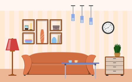 Living room with furniture design. House interior in flat style vector illustration.のイラスト素材