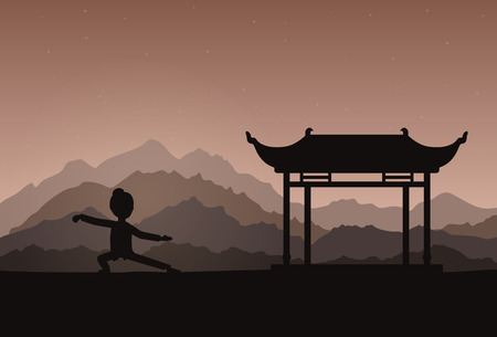 Girl performing qigong or taijiquan exercises in the evening. Woman practicing Tai Chi. Ancient chinese healthcare practice. Flat style. Vector illustration.のイラスト素材