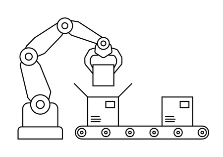 Thin line style assembly line. Automatic production conveyor. Robotic industry concept. Vector illustration.のイラスト素材